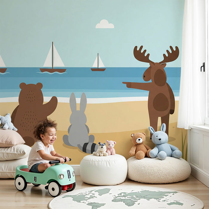 Barnrumspapper | Havsdjur och segelbåt vid kusten
