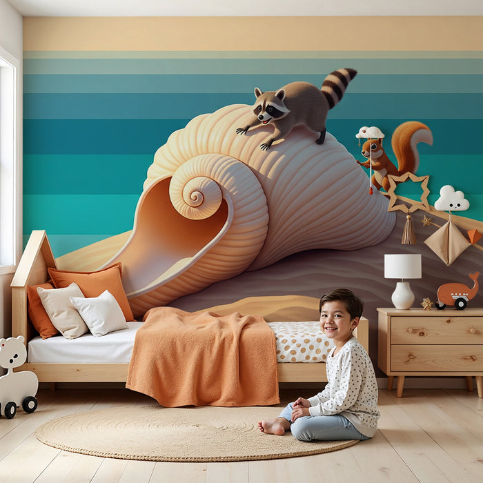 Kinderzimmer-Tapete | Meeresbewohner und riesige Muschel an einem sonnigen Strand