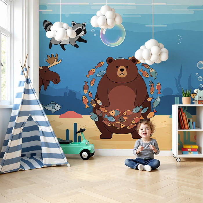 Kids' Room Wallpaper | Under the Sea and Enchanted Forest with Bear, Fox, and Rabbit