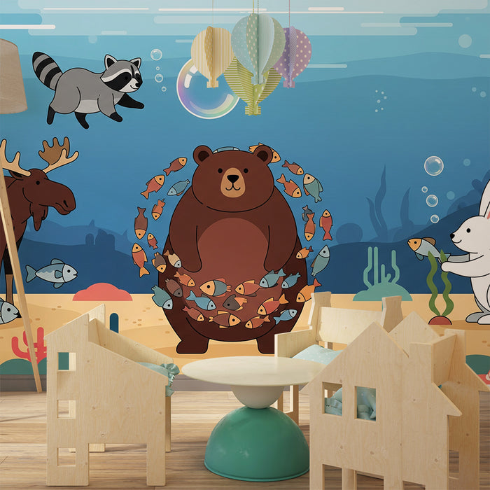 Kids' Room Wallpaper | Under the Sea and Enchanted Forest with Bear, Fox, and Rabbit