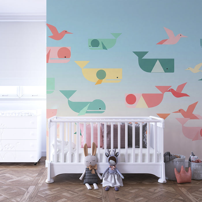 Gyermekszoba tapéta | Tengeri állatok és színes madarak geometriai mintákban
