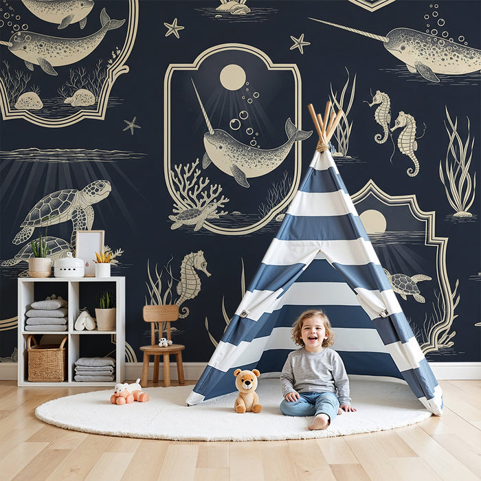 Carta da parati per camera bambini | Animali marini e paesaggi sottomarini blu notte