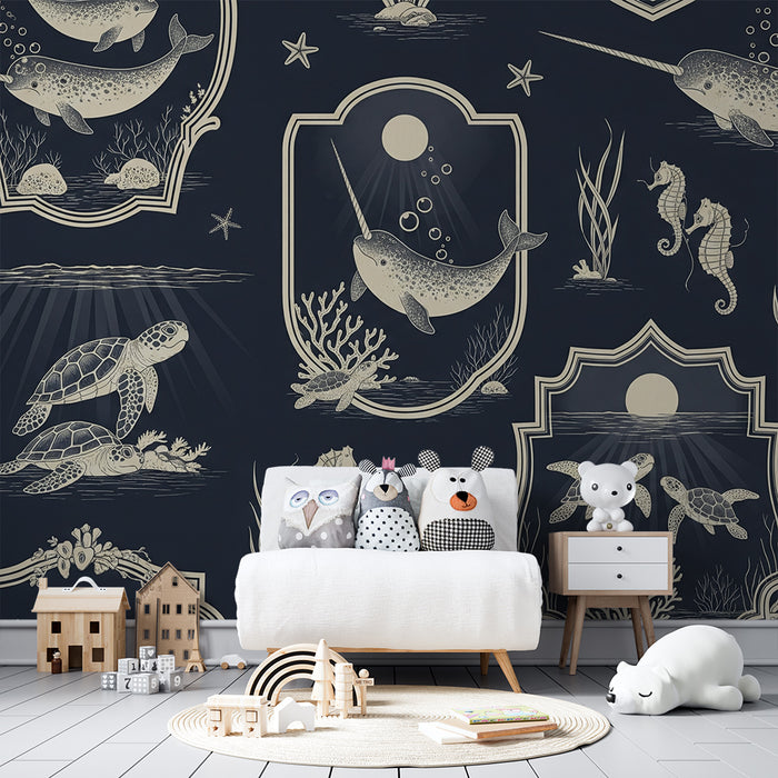 Carta da parati per camera bambini | Animali marini e paesaggi sottomarini blu notte