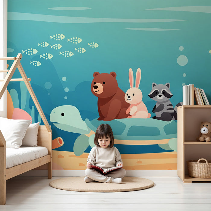 Papel de parede para quarto infantil | Animais marinhos e terrestres numa aventura subaquática