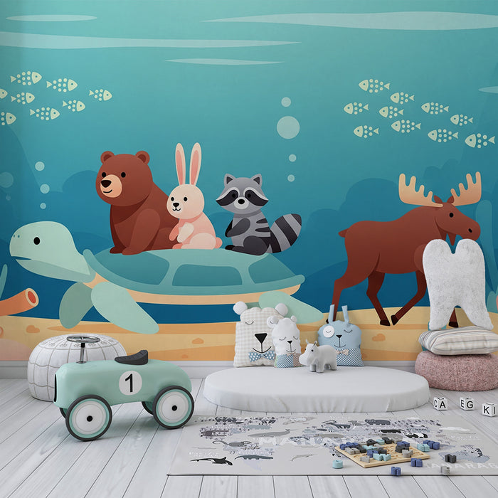 Papel de parede para quarto infantil | Animais marinhos e terrestres numa aventura subaquática