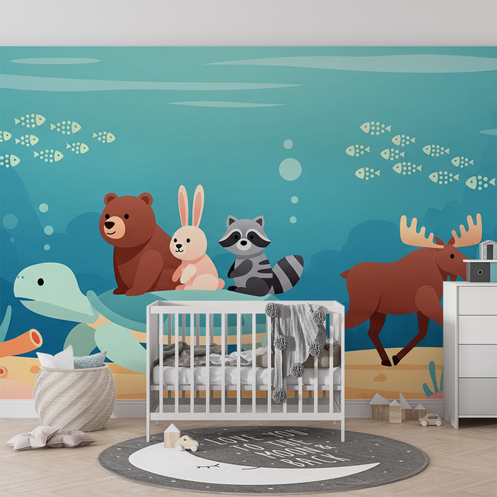 Papel de parede para quarto infantil | Animais marinhos e terrestres numa aventura subaquática