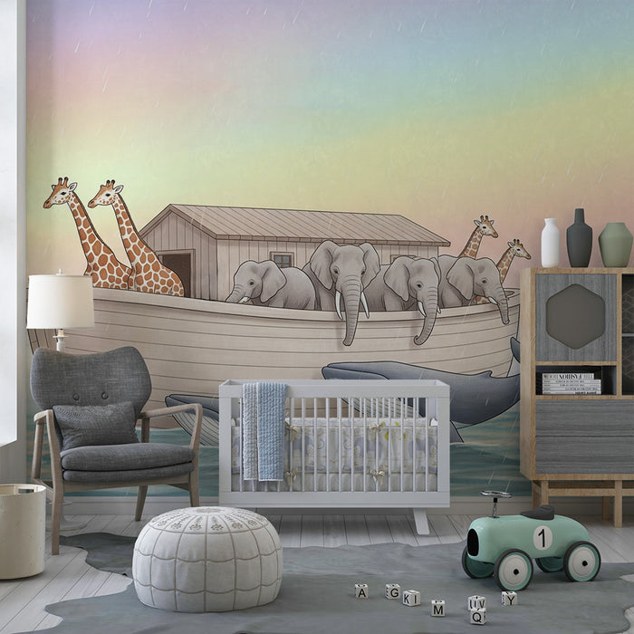 Kinderzimmer Tapete | Meerestiere und Landtiere auf einem bunten Boot