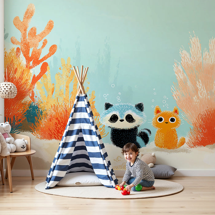 Kids' Room Wallpaper | Colorful Underwater Scene with Cute Sea Animals