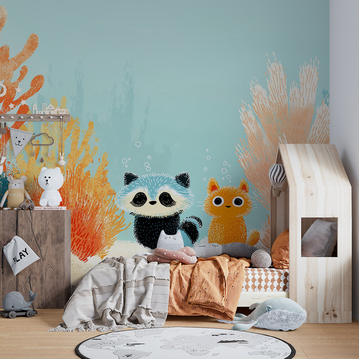 Kids' Room Wallpaper | Colorful Underwater Scene with Cute Sea Animals