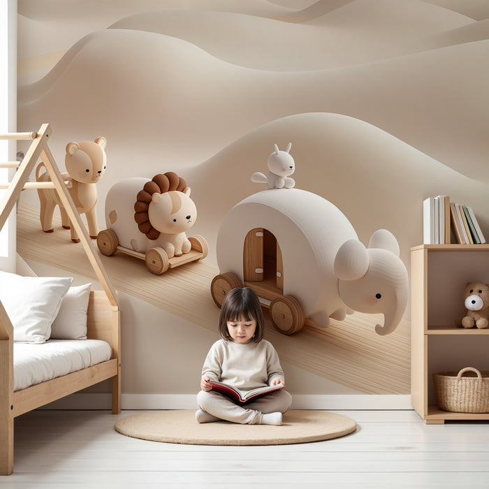 Papier peint chambre enfant | Animaux mignon dans un paysage féérique