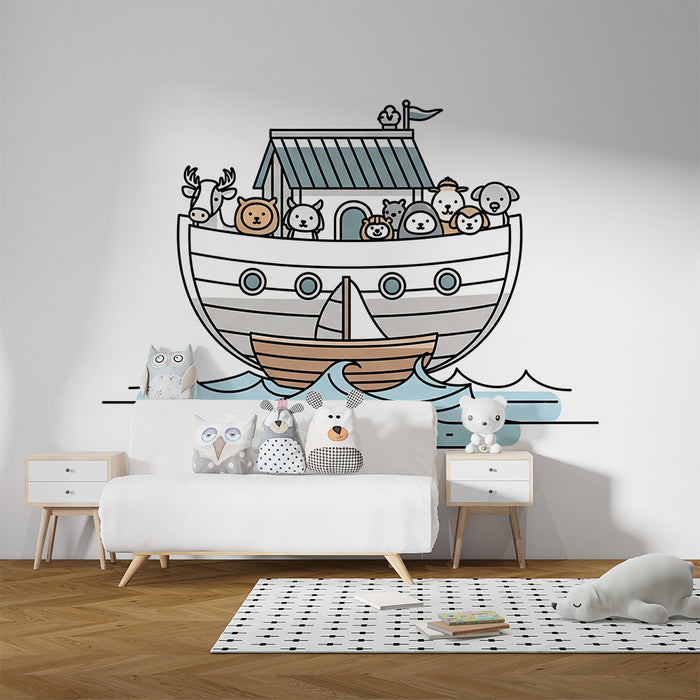 Papel pintado infantil | Animales adorables en un barco