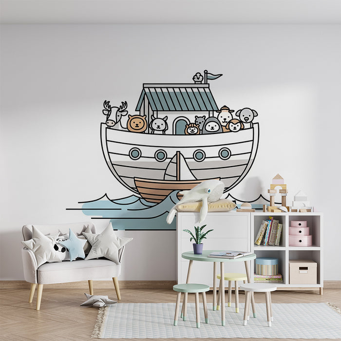 Papel pintado infantil | Animales adorables en un barco