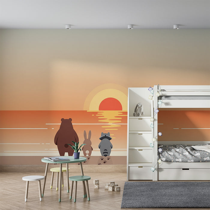 Papier peint chambre enfant | Animaux mignons admirant le coucher de soleil