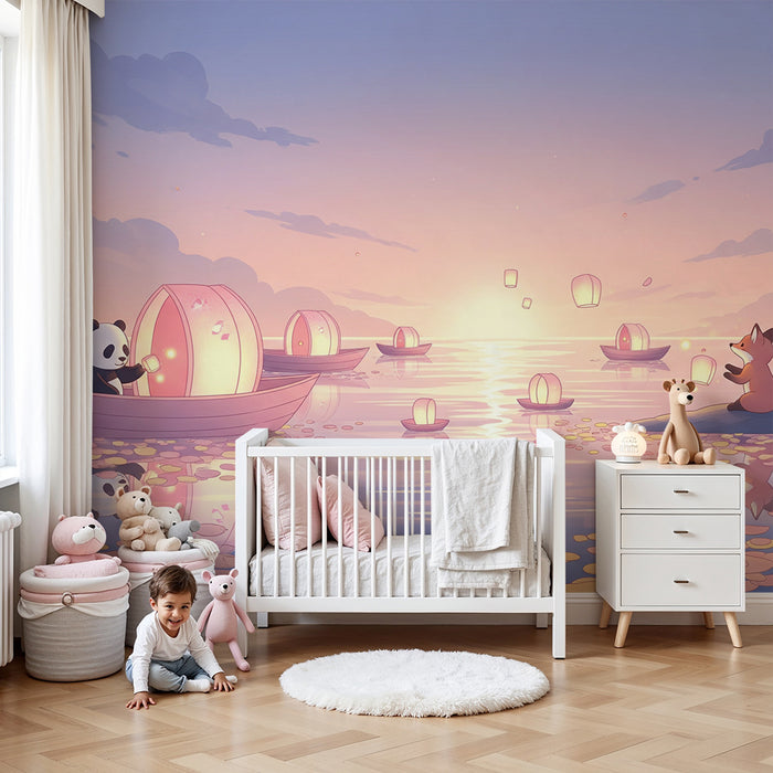 Papier peint chambre enfant | Animaux mignons au bord de l'eau avec lanternes flottantes