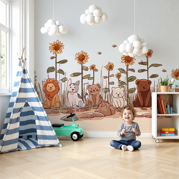 Papier peint chambre enfant | Animaux mignons au milieu des tournesols