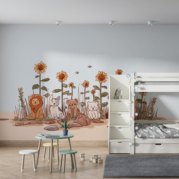 Papier peint chambre enfant | Animaux mignons au milieu des tournesols
