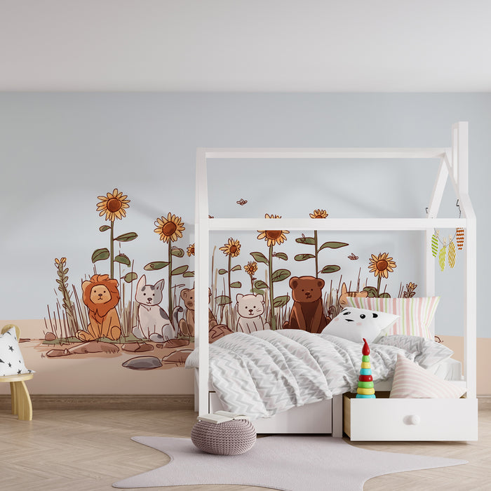 Papier peint chambre enfant | Animaux mignons au milieu des tournesols