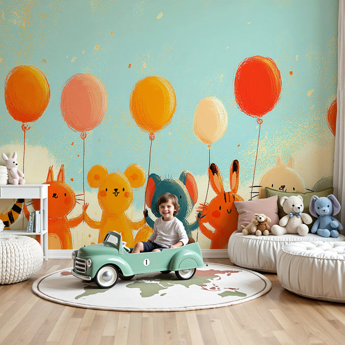 Kids room wallpaper | Cute animals with balloons