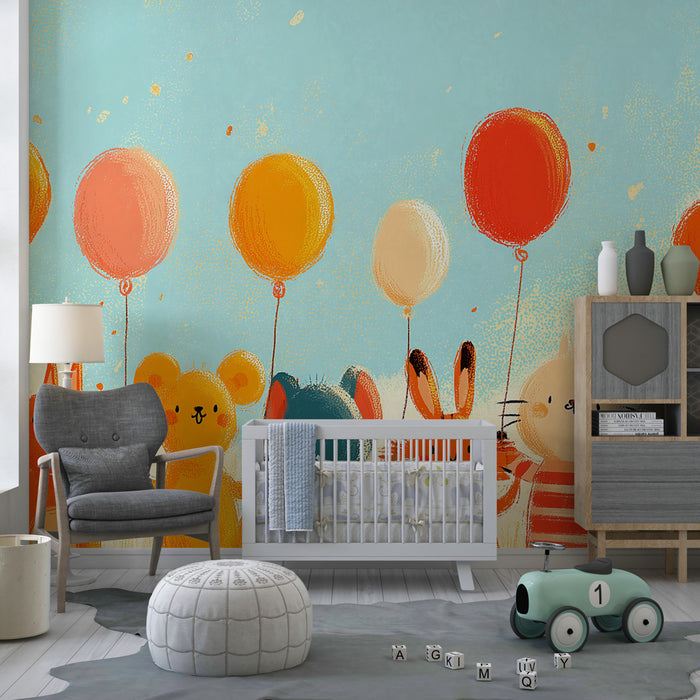 Kids room wallpaper | Cute animals with balloons