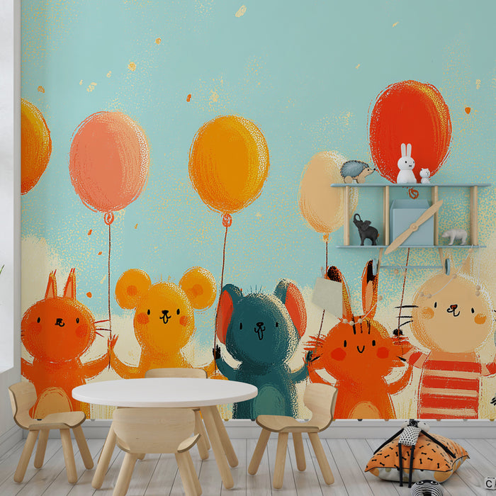 Kids room wallpaper | Cute animals with balloons