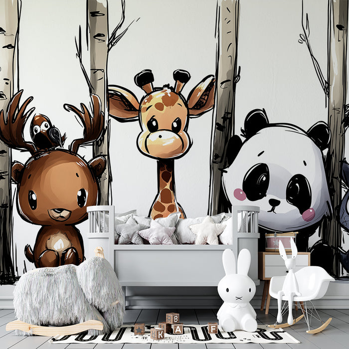 Gyerekszoba tapéta | Aranyos állatok az erdőben fákkal