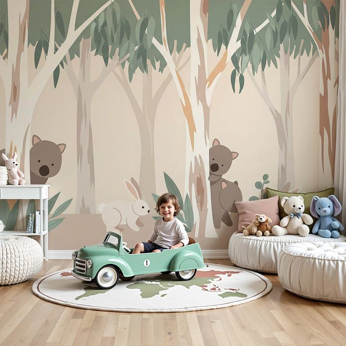 Kinderzimmer-Tapete | Niedliche Waldtiere mit Koalas und Hasen