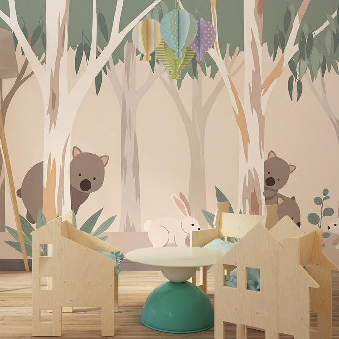Kinderzimmer-Tapete | Niedliche Waldtiere mit Koalas und Hasen
