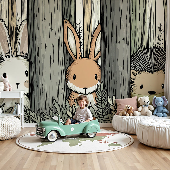 Kinderzimmer Tapete | Niedliche Tiere im Wald mit einem Hasen und einem Igel