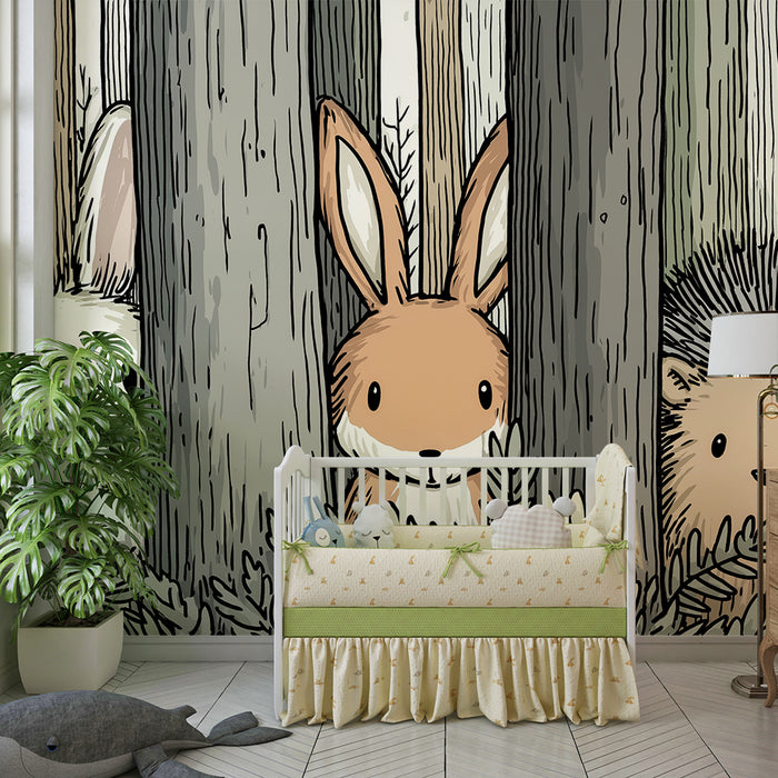 Kinderzimmer Tapete | Niedliche Tiere im Wald mit einem Hasen und einem Igel