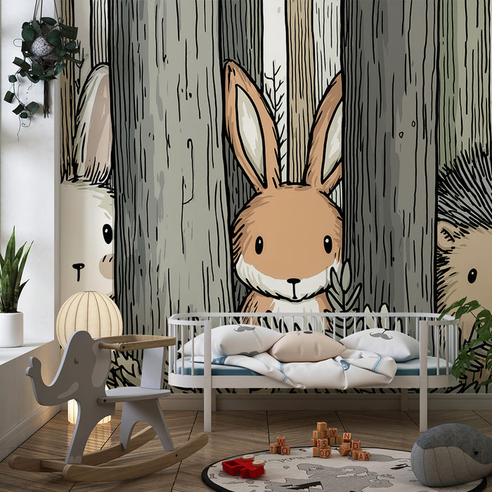 Kinderzimmer Tapete | Niedliche Tiere im Wald mit einem Hasen und einem Igel