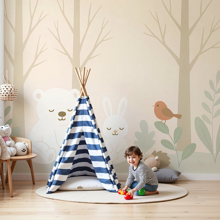 Kinderzimmer Tapete | Niedliche Tiere im Wald in Beige