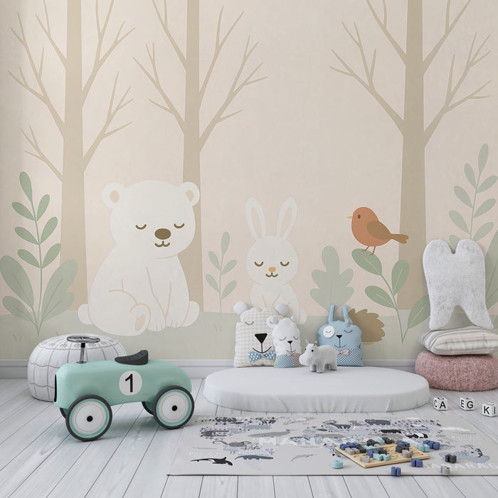Kinderzimmer Tapete | Niedliche Tiere im Wald in Beige