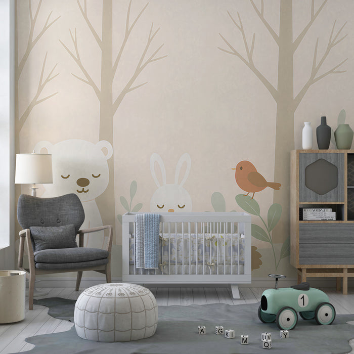 Kinderzimmer Tapete | Niedliche Tiere im Wald in Beige