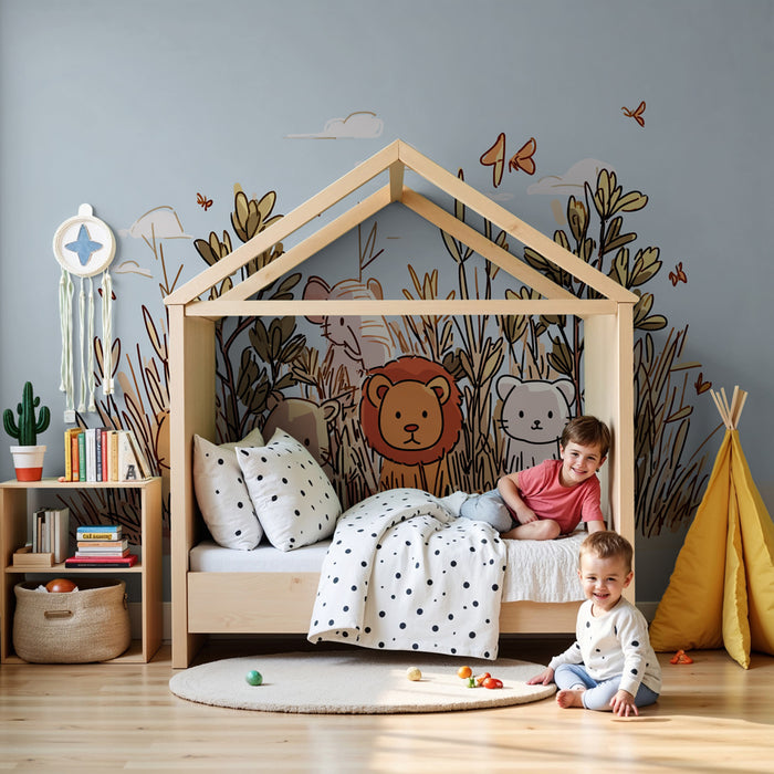 Papier peint chambre enfant | Animaux mignons dans la jungle et ciel bleu