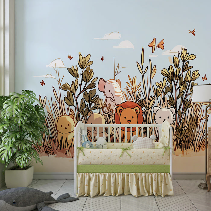 Papier peint chambre enfant | Animaux mignons dans la jungle et ciel bleu