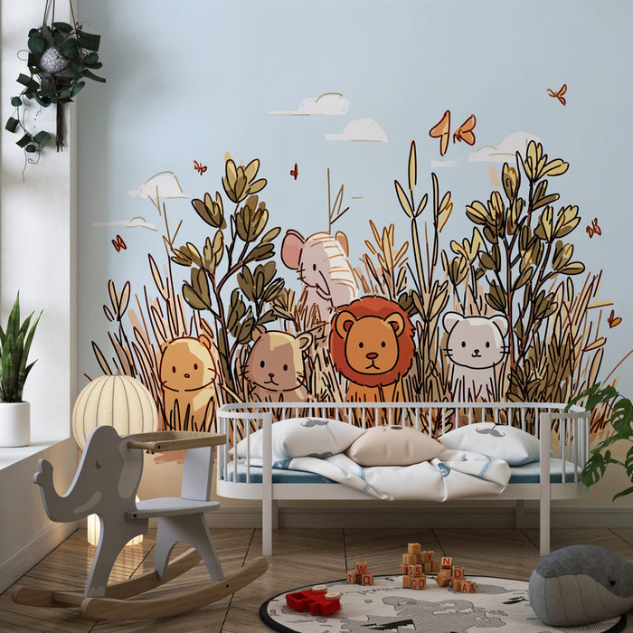 Papier peint chambre enfant | Animaux mignons dans la jungle et ciel bleu