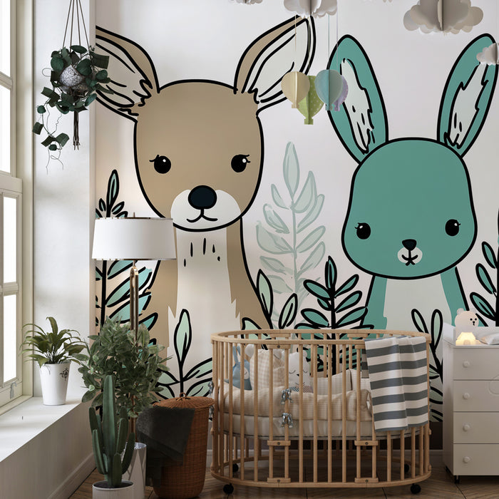 Papier peint chambre enfant | Animaux mignons dans la verdure