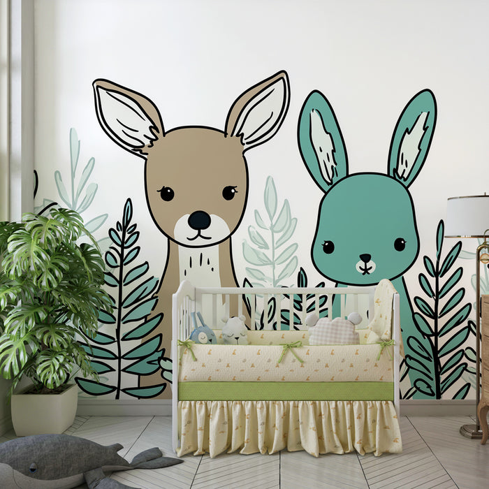 Papier peint chambre enfant | Animaux mignons dans la verdure