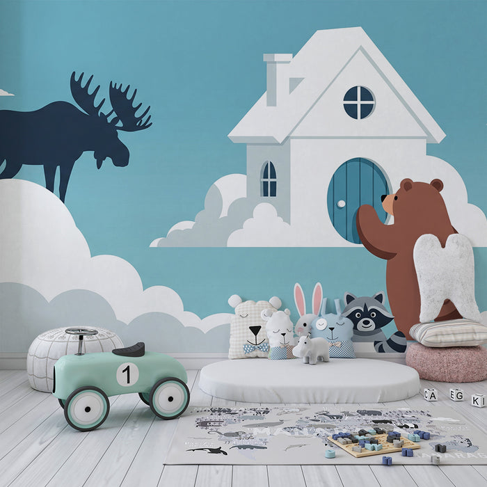 Barnrumspapper | Söta djur i ett molnigt himmel med hus