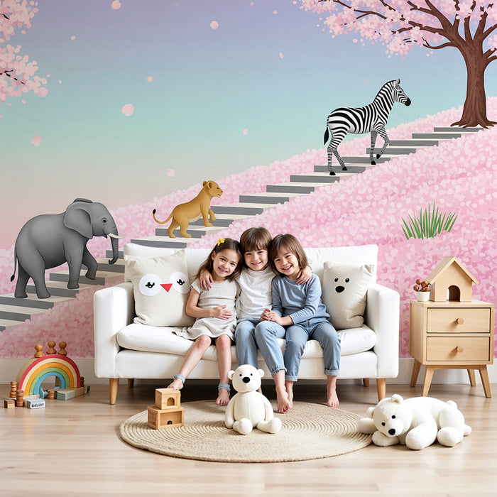 Kinderzimmer Tapete | Niedliche Tiere in einer blühenden Kirschbaumlandschaft