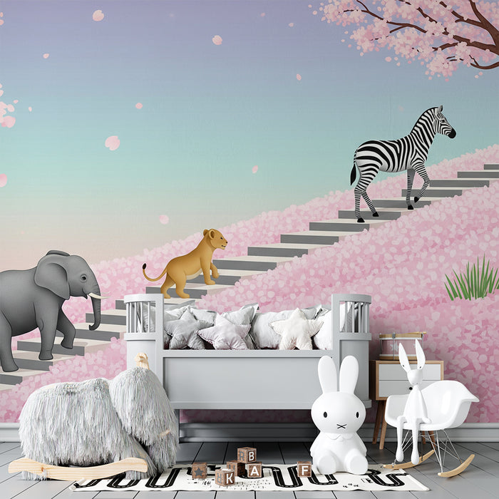 Kinderzimmer Tapete | Niedliche Tiere in einer blühenden Kirschbaumlandschaft