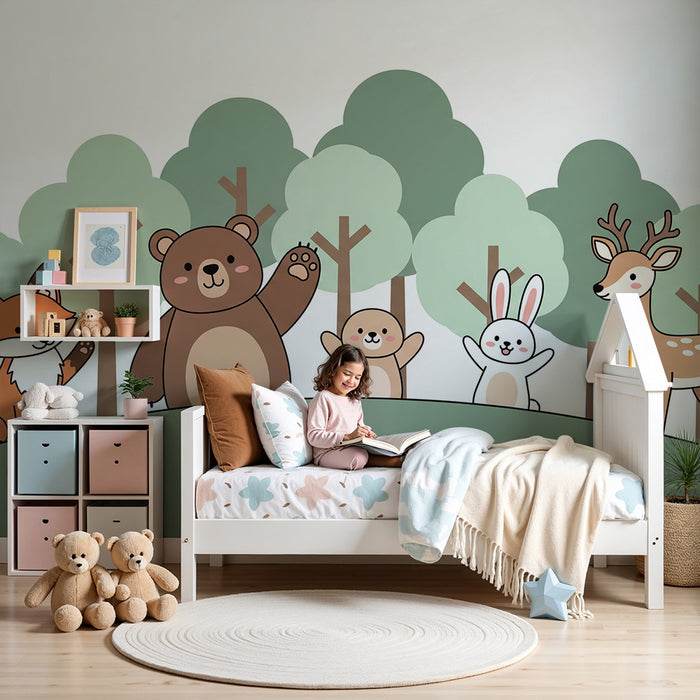 Papel pintado infantil | Animales lindos en un bosque encantado