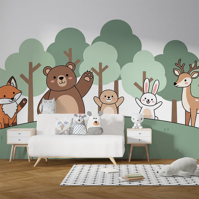 Papel pintado infantil | Animales lindos en un bosque encantado