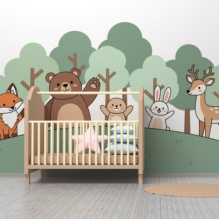 Papel pintado infantil | Animales lindos en un bosque encantado