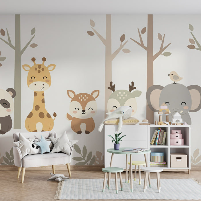 Kinderkamer behang | Schattige bosdieren met bomen