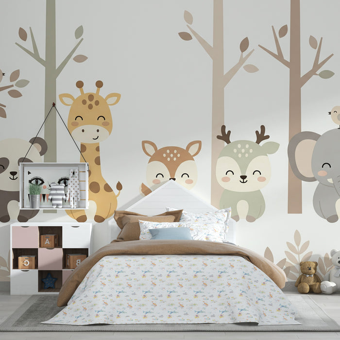 Kinderkamer behang | Schattige bosdieren met bomen