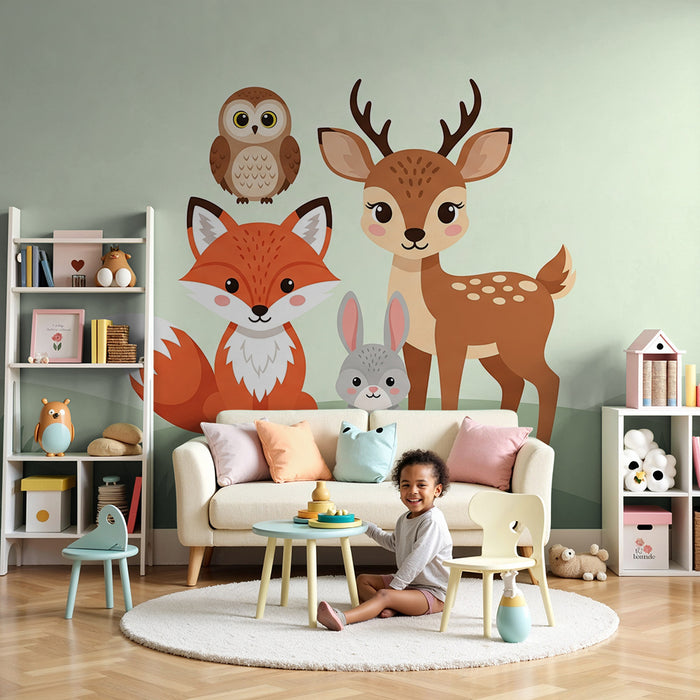 Tapete Kinderzimmer | Süße Waldtiere mit Fuchs, Hirsch und Eule