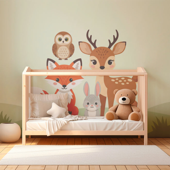 Tapete Kinderzimmer | Süße Waldtiere mit Fuchs, Hirsch und Eule
