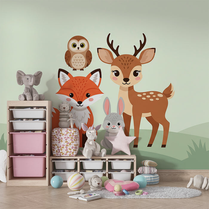 Tapete Kinderzimmer | Süße Waldtiere mit Fuchs, Hirsch und Eule