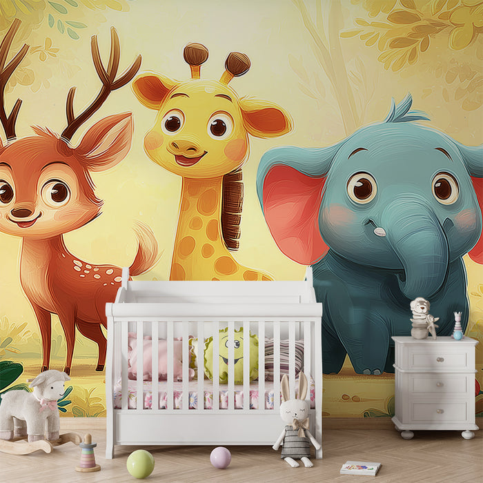 Barntapet | Söta skogs djur med en hjort, en giraff och en elefant